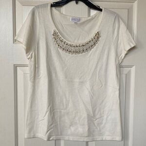Joseph A Cream Scoop Neck Short Sleeve Top with Pearl & Bead Trim